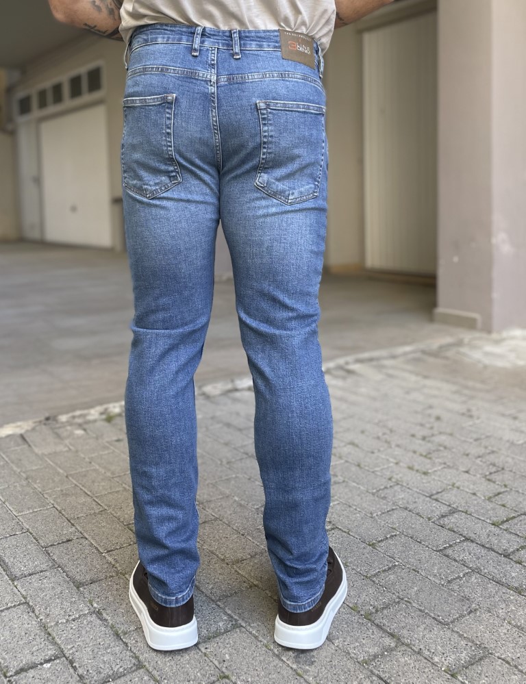 Ανδρικό ξεβαμμένο μπλε ανοιχτό πεντάτσεπο τζιν παντελόνι ίσιο με κουμπιά 3LN1117 φωτογραφία